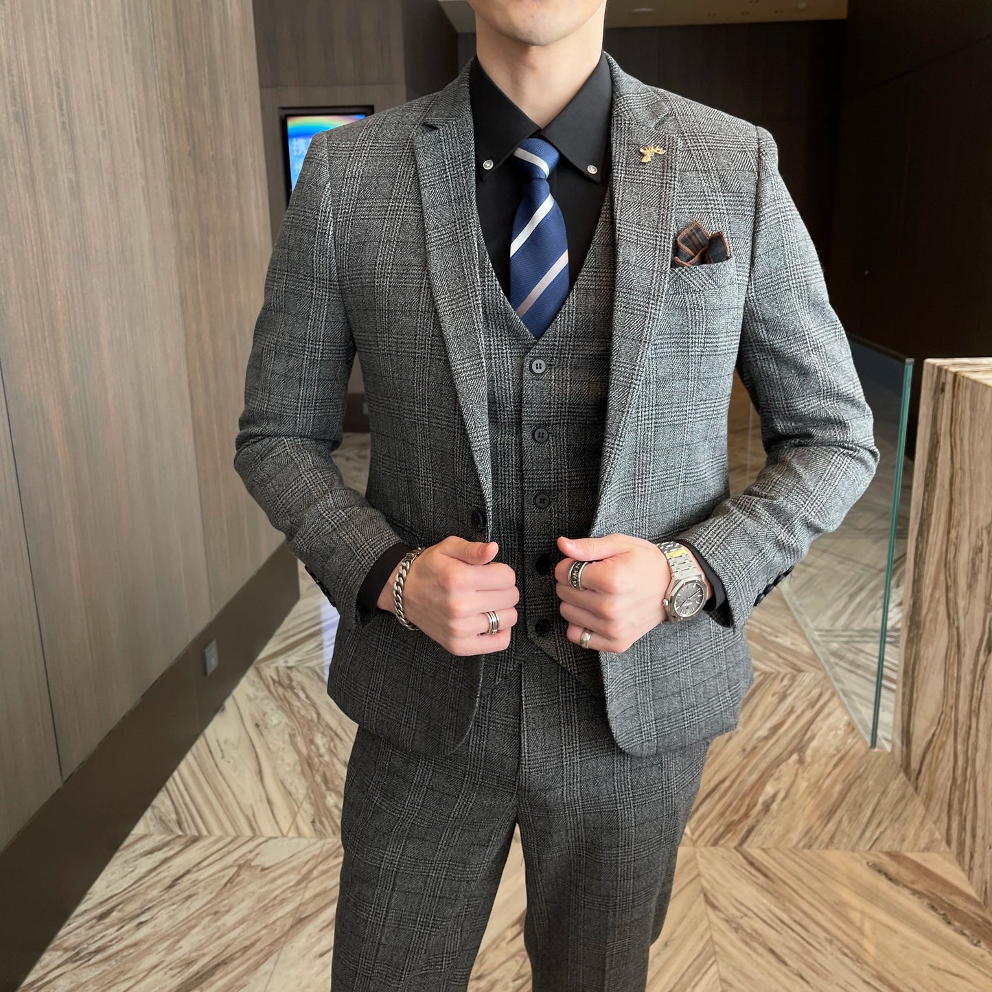 British Korean Style High Quality Modified Plaid Three-Piece Suit for Men - Stylish Business Casual Suit Vest And Trousers Set