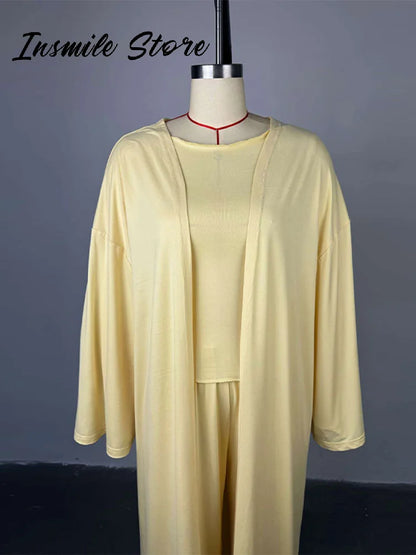 Casual Solid Women 3 Pieces Suits V-neck Long Coats O-neck Slim Top Wide Leg Trousers 2025 Spring Summer New Fashion Female Sets