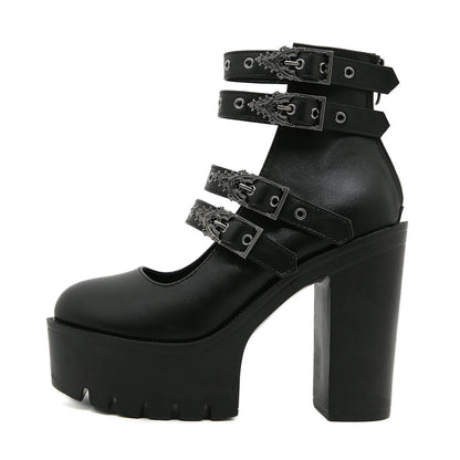Gdgydh Goth Style Women Block Heels for Halloween Fashion Buckle Strap Dress Pumps Platform Mary Jane Shoes Stylish Back Zipper
