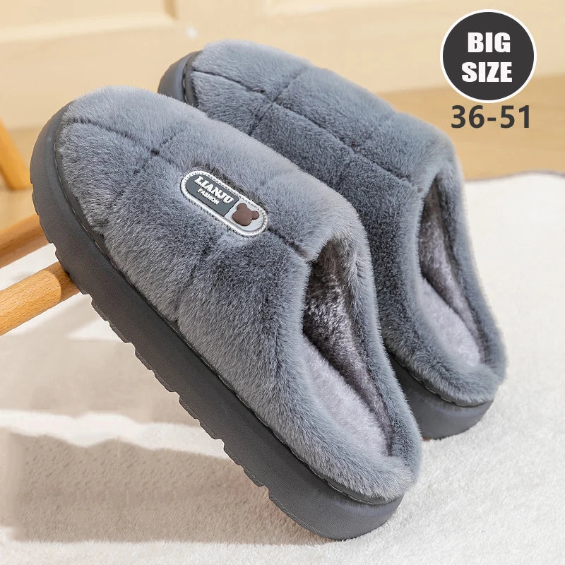 Big Size 50 51 Winter Slippers Women Men Thick Sole Indoor Home Warm Couples Shoes Non-Slip Flat Platform Women's Cotton Slipper