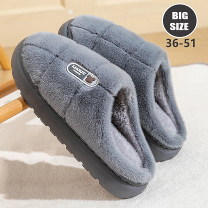 Big Size 50 51 Winter Slippers Women Men Thick Sole Indoor Home Warm Couples Shoes Non-Slip Flat Platform Women's Cotton Slipper