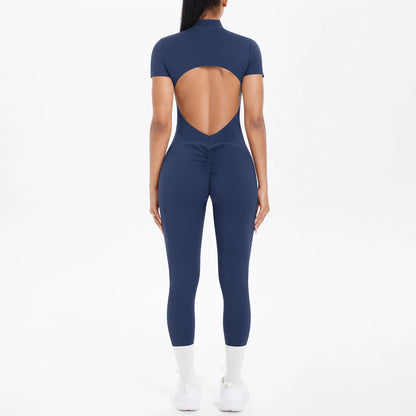 Sexy Backless Bodycon Scrunch Jumpsuit Raises Butt Women Dance Fitness Overalls Push Up  With Chest Cushion Yoga Sport Jump Suit