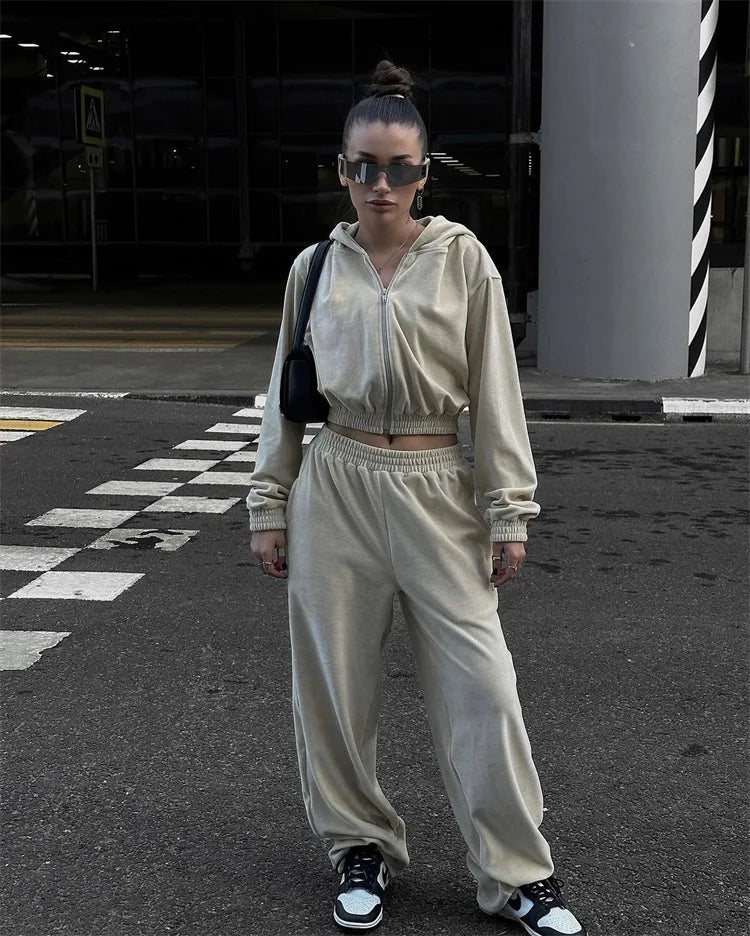 Women's Casual Suit Street Style Long Sleeve Hooded Cardigan Elastic Waist Pants Fashion Two-piece Suit