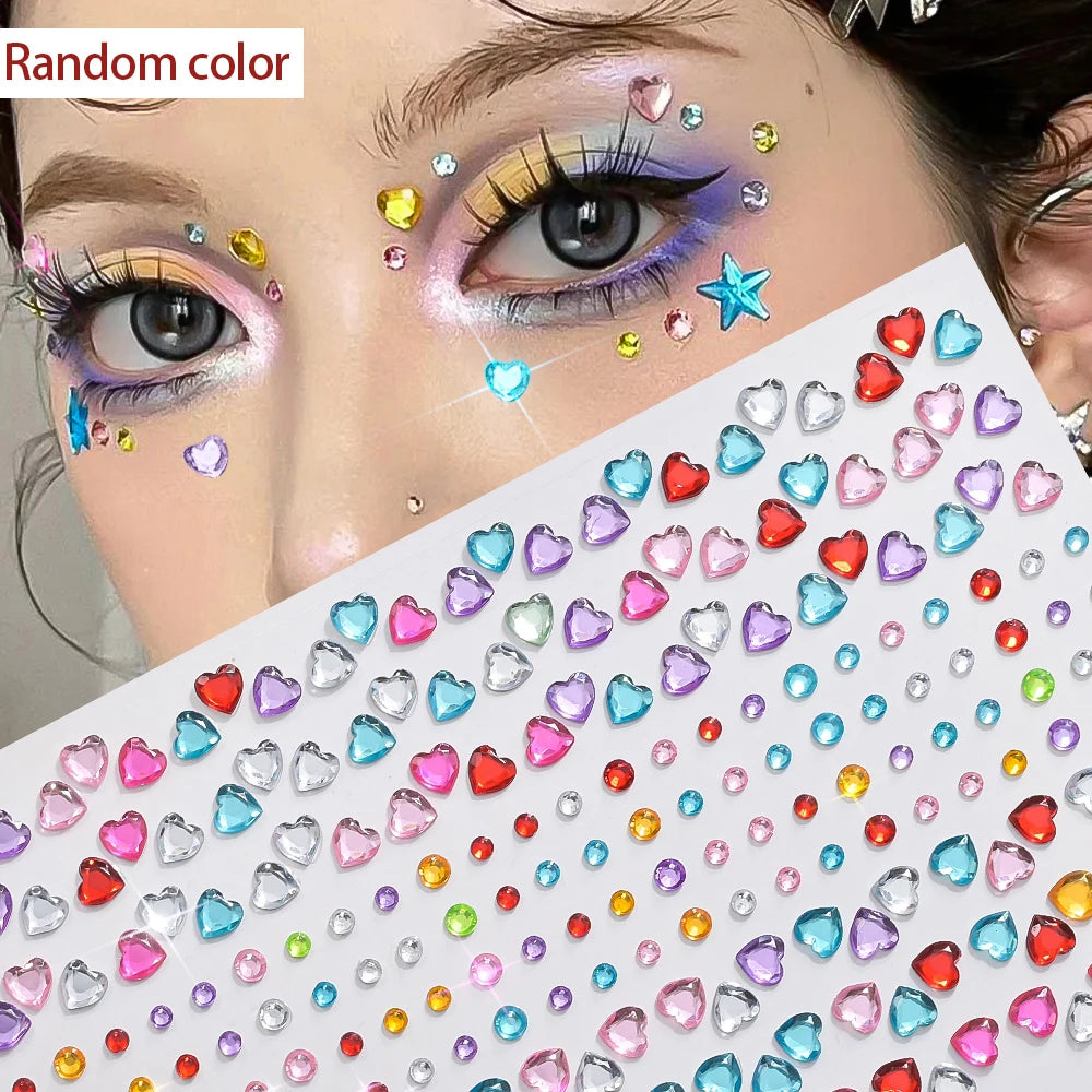 1sheet 900pcs Rainbow Face Glittle Gem Stickers Stick-On Facial Tattoo Eye Rhinestone Jewels 3/4/5mm Mix Wedding Party Make Up