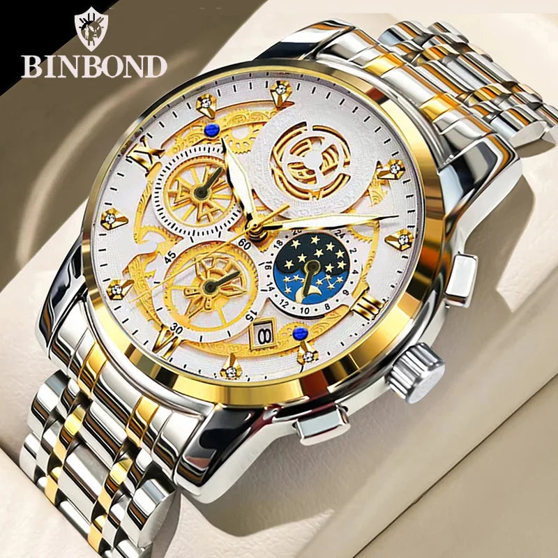 BINBOND B4010 Fashion Casual Quartz Men Watch Stainless Steel Strap Luxury Dial Luminous 30M Waterproof Business Men Wristwatch