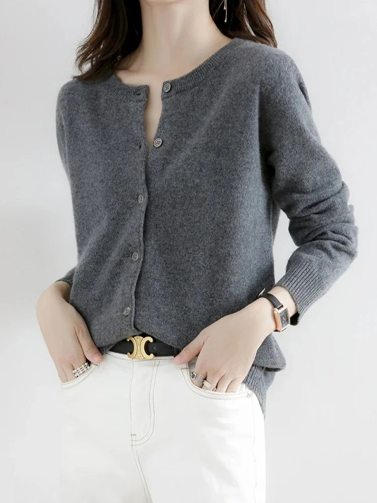 2025 New Worsted Spring And Autumn Women Cardigan Round Neck Knitwear Solid Color Fashion High-grade Knitwear Sweater