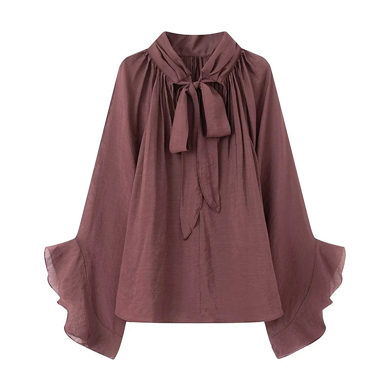 Perspective Women Shirt 2025 Autumn New Bow Tied Blouse Woman Tops Lady Ruffles Flare Sleeve Loose Elegant Blouses
