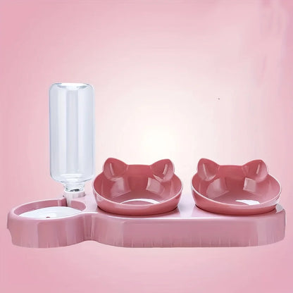 1PCS Pet Bowl with Water Feeder, 3-in-1 Ear Design Tilting Cat Water and Food Bowl with Gravity Water Bottle for Neck Protection