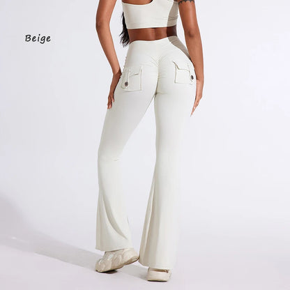 DIAS FIT JOY Women's pocket bell bottoms yoga high waisted hip lifting fitness pants quick drying running exercise fitness gym