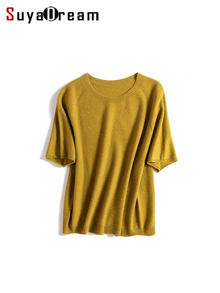 SuyaDream, 100%Merino Wool Pullovers for Woman, Round Neck, Short Sleeved Sweaters, 2025 Fall Winter Soft Warm Top, Pink, Olive