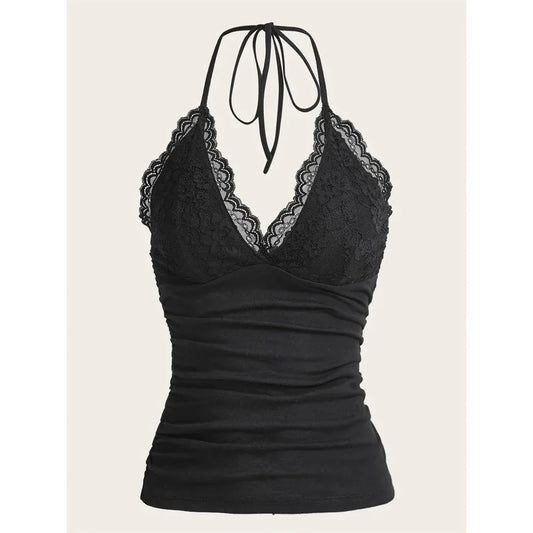 Black Lace Patchwork Halter Top Women Summer Solid Ruched Backless Sleeveless Tank Top Streetwear Clothes
