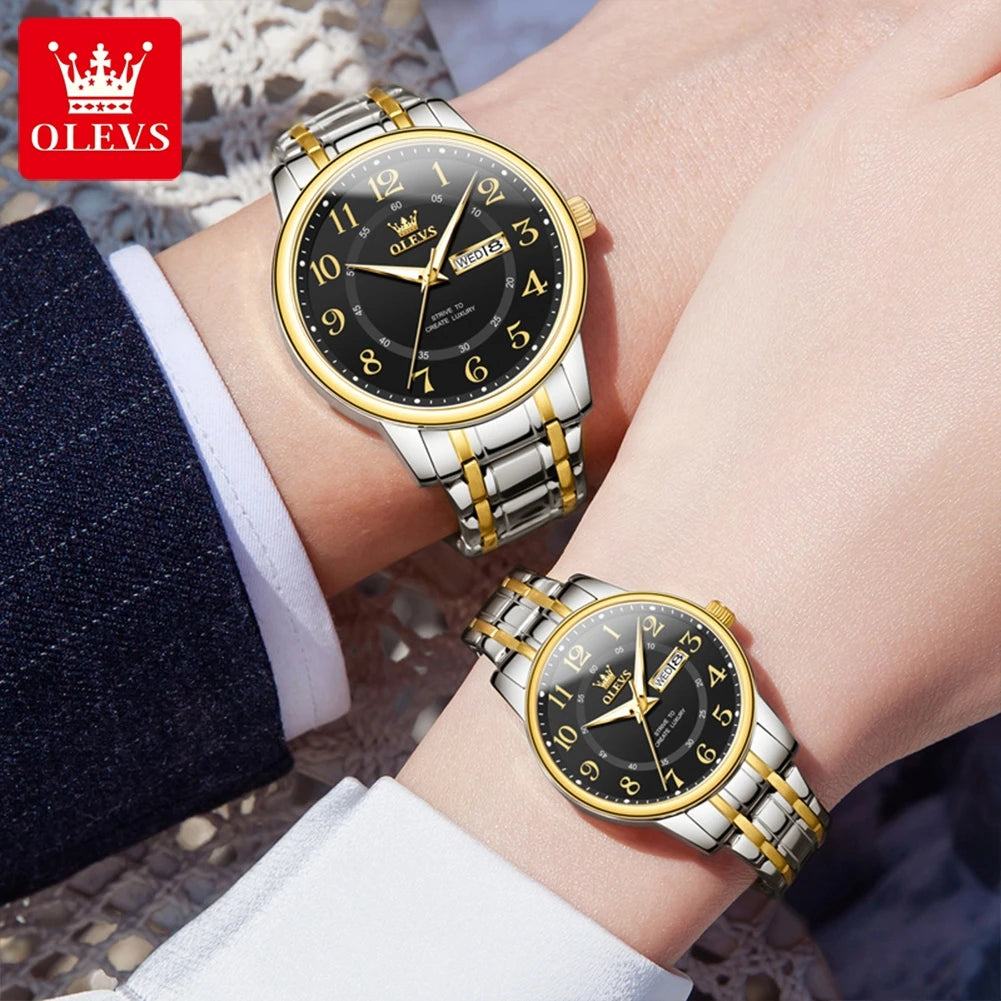 OLEVS 2891 Original Quartz Couple Watch Brand Luxury Double Calendar Waterproof Date Clock His and Her Watch Gift Couple Watch