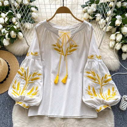 Neploe Vintage Heavy Ethnic Style Panelled Shirt Lace Up O Neck Embroidery Lantern Blouses Western Loose Casual All-match Blusas