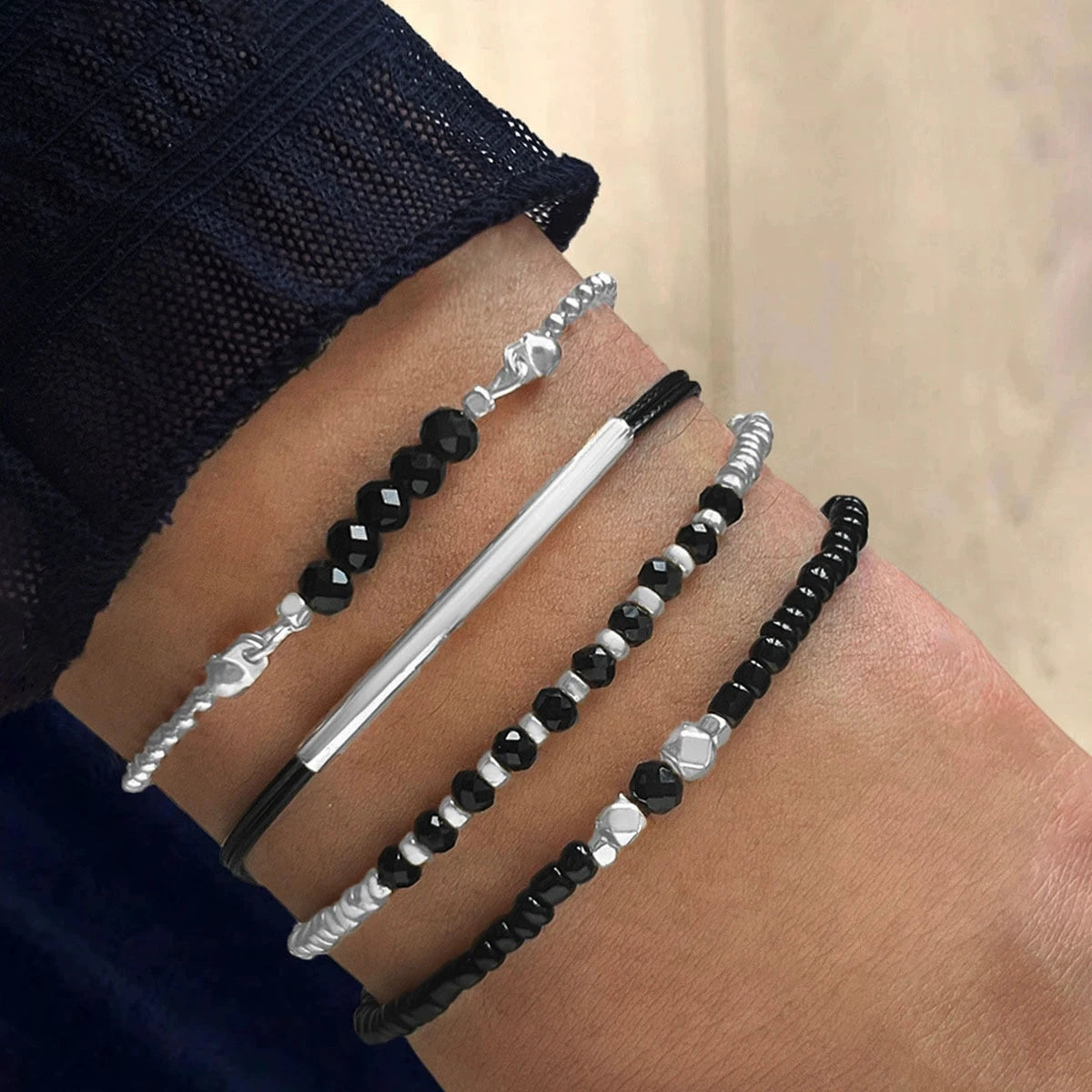 Handmade Black Glass Stone Bracelet Set For Women Simple Braided Rope Beads Chain Bangle Female Fashion Jewelry Accessories