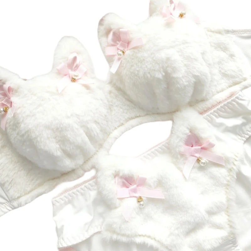 Women's Cartoon Panda Pattern Winter Lingerie Furry Plush Bra and Panty Set School Girl Japanese Anime Cosplay Underwear