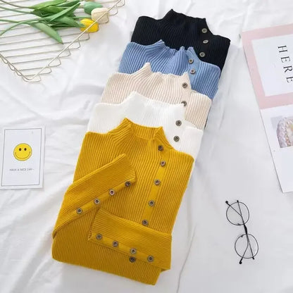 2025 Autumn Knitted Turtleneck Sweaters Women Solid Knitted Female Cotton Soft Elastic Color Slim Pullovers Button Full Sleeve