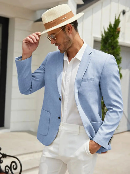 Men's Multi-Flap Pocket Pants Fashionable Slim Two-Button Blue Suit Jacket Suitable for Spring and Autum Business Banquet, Daily Outdoor Casual Men's Suit