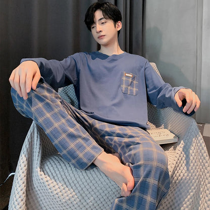 Spring Autumn Plus 4XL Knitted Men's Sleepwear Letter Lattice Pajamas Plaid Pajamas Sets Casual Loungewear Pyjamas Night Fashion