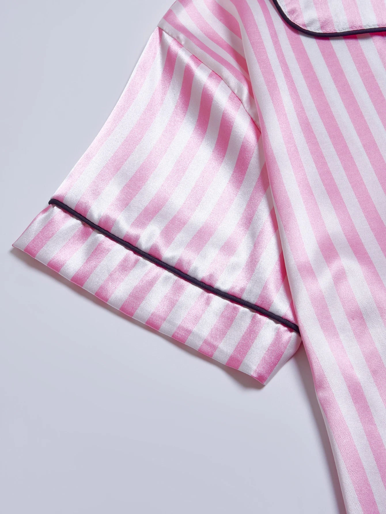 Striped Embroidered Letter Pocket Short Sleeve and Shorts Pajama Set, Casual Satin Sleepwear with Lapel Collar and Button Detail