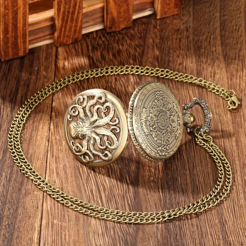 Unique Retro Bronze Octopus Pattern Design Quartz Pocket Watch With Necklace Chain Gift for Male Kids Chronograph Hombre Relojes