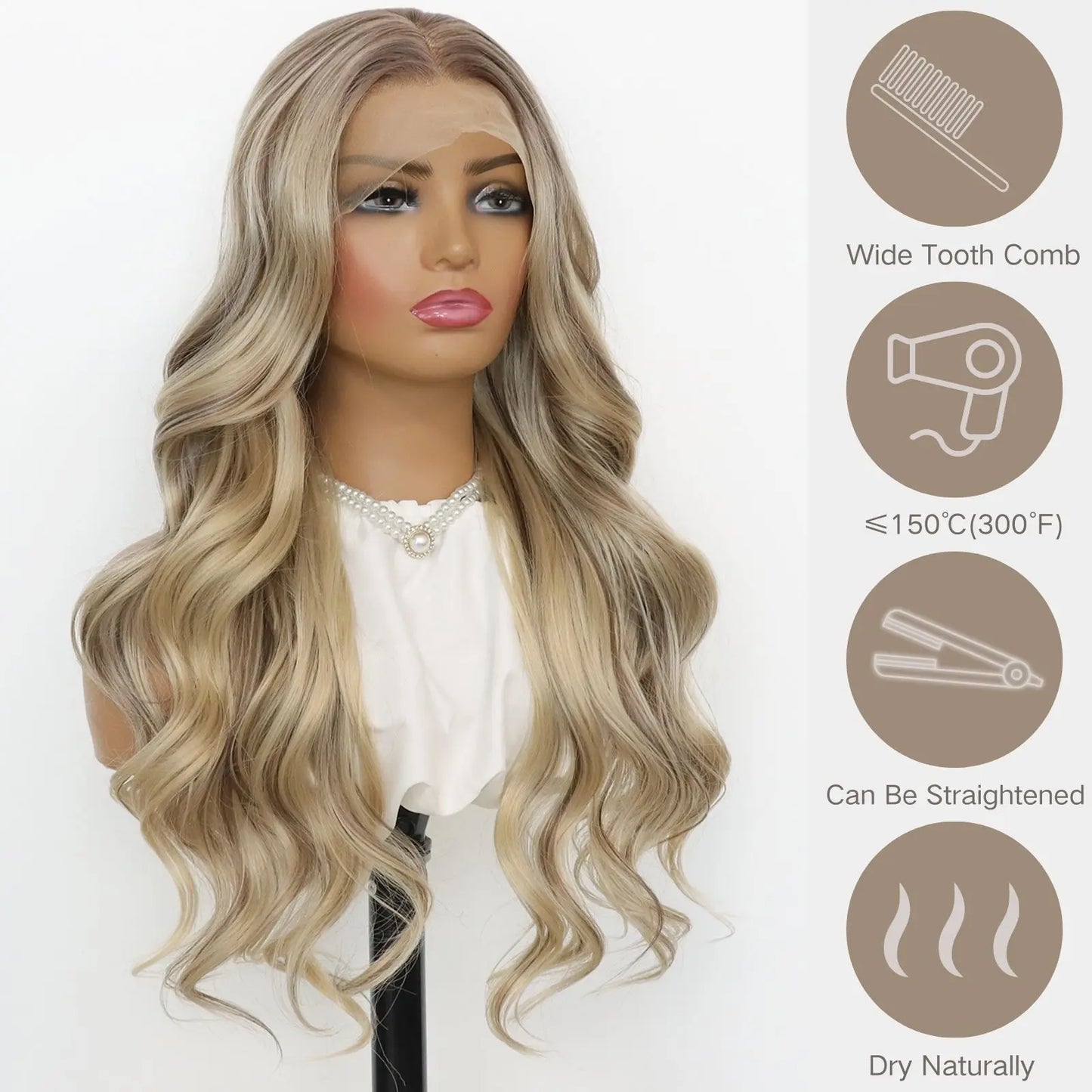 Blonde Highlight Lace Front Wig Long Wavy Ombre Brown Blonde 13x4 Synthetic Lace Front Wigs for Women 24 Inches