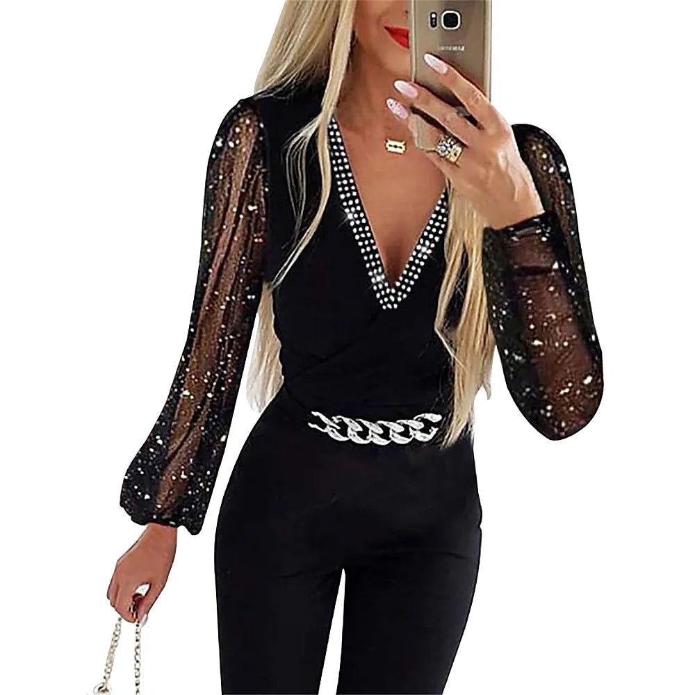 Jumpsuits Women One Piece V Neck Full Sleeve Tight High Waist Overalls Casual Sheath Long Pencil Pants Rompers Slim Fit Y2k
