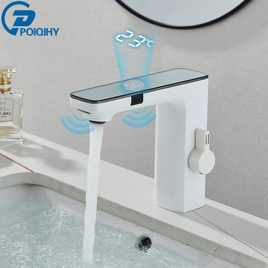 White Smart Sensor Basin Faucet Screen Digital Display Hot Cold Water Mixer Tap Touchless Vanity Sink Faucet For Bathroom