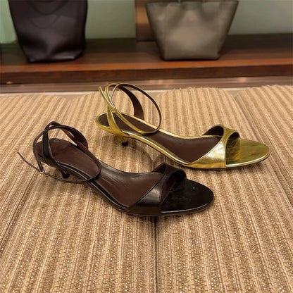 FEDONAS Sexy Women Genuine Leather Sandals Kitten High Heels Summer Party Wedding Shoes Woman Gold Black White Prom Pumps