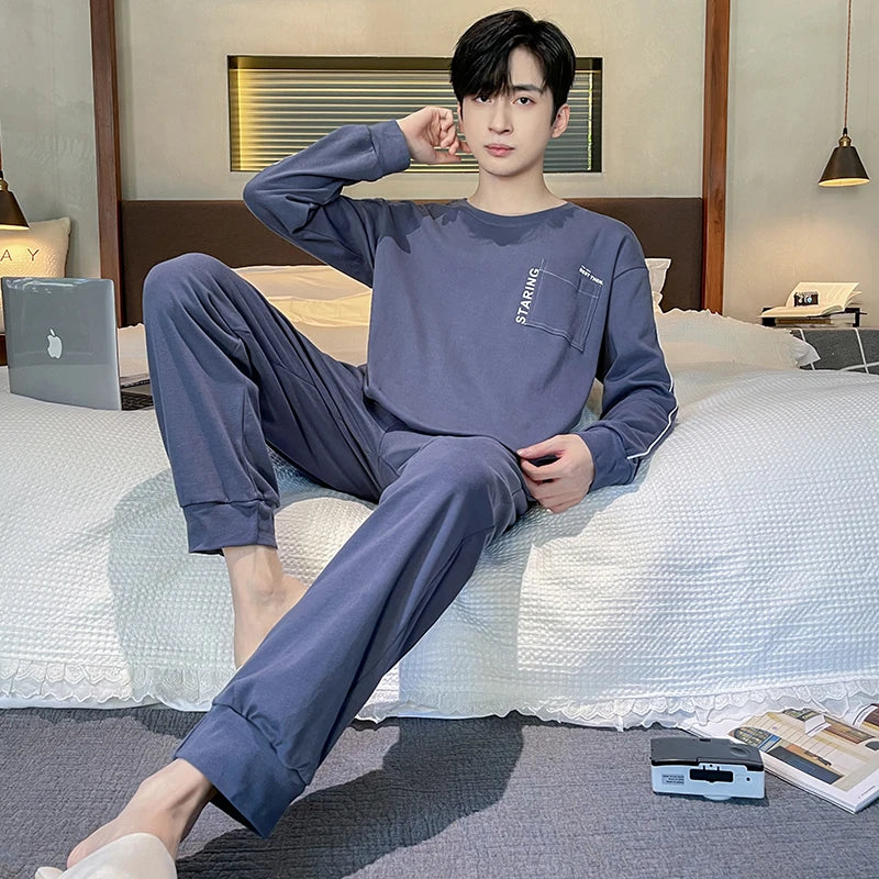 Spring Autumn Plus 4XL Knitted Men's Sleepwear Letter Lattice Pajamas Plaid Pajamas Sets Casual Loungewear Pyjamas Night Fashion