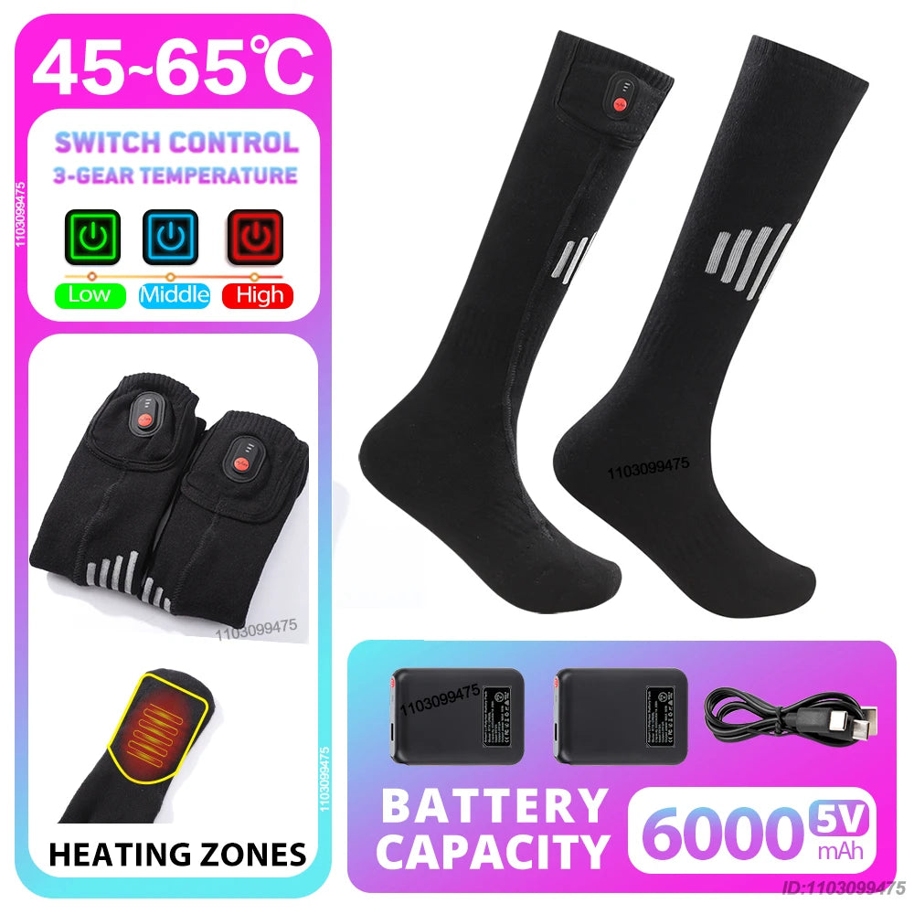 New Heated Socks Rechargeable 6000mah Electric Heated Skiing Socks Snowboarding Outdoor Sports Foot Warmer Winter Thermal Socks
