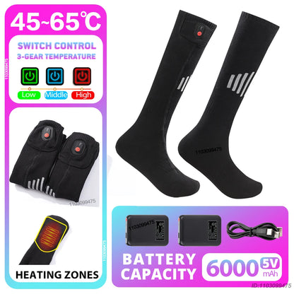 New Heated Socks Rechargeable 6000mah Electric Heated Skiing Socks Snowboarding Outdoor Sports Foot Warmer Winter Thermal Socks