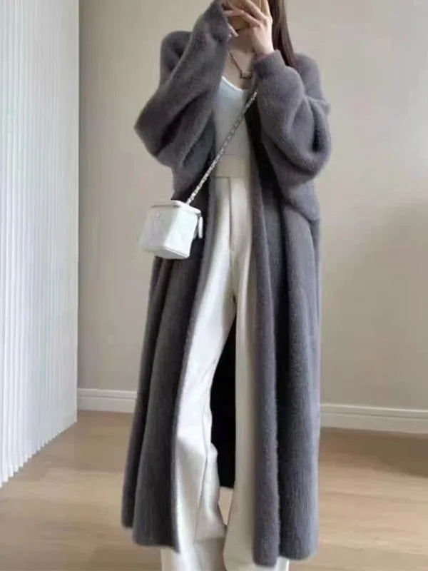 Autumn and winter loose and lazy style open knit coat, thick knee length imitation mink fur long sleeved sweater, warm jacket