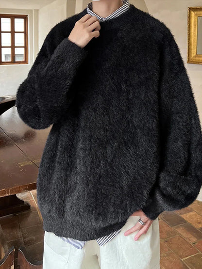 Autumn Men's Solid Fluffy Knitted Sweaters New Korean Fashion Loose Warm Pullovers Winter Couples Y2K Vintage Knitwear Jumpers