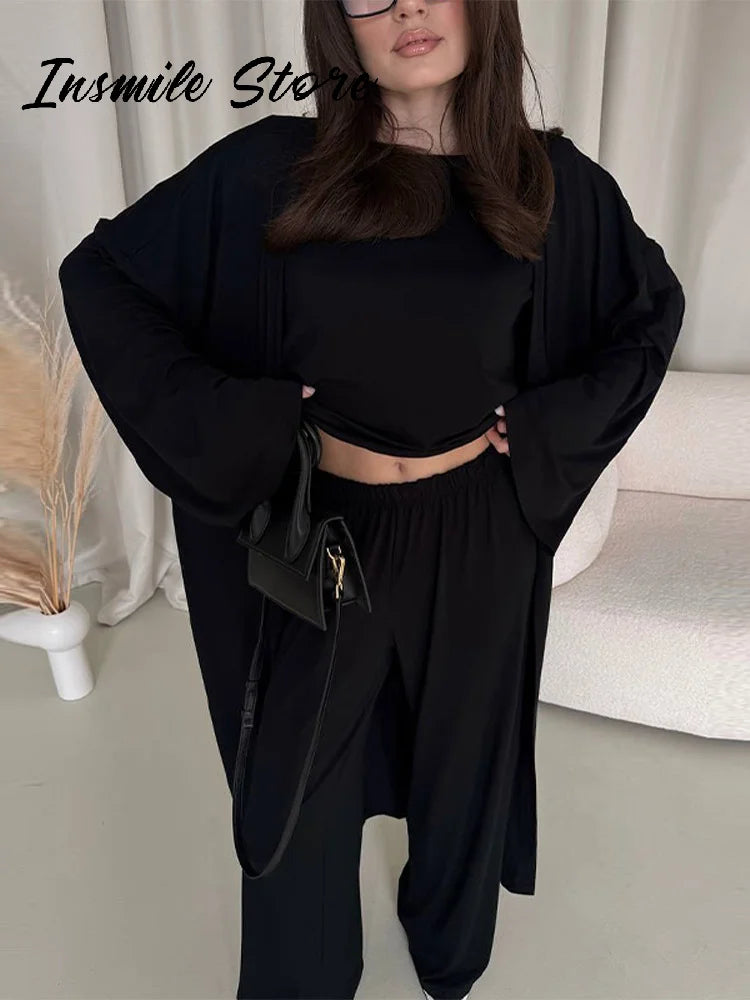 Casual Solid Women 3 Pieces Suits V-neck Long Coats O-neck Slim Top Wide Leg Trousers 2025 Spring Summer New Fashion Female Sets