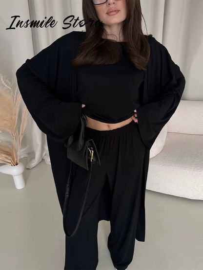 Casual Solid Women 3 Pieces Suits V-neck Long Coats O-neck Slim Top Wide Leg Trousers 2025 Spring Summer New Fashion Female Sets