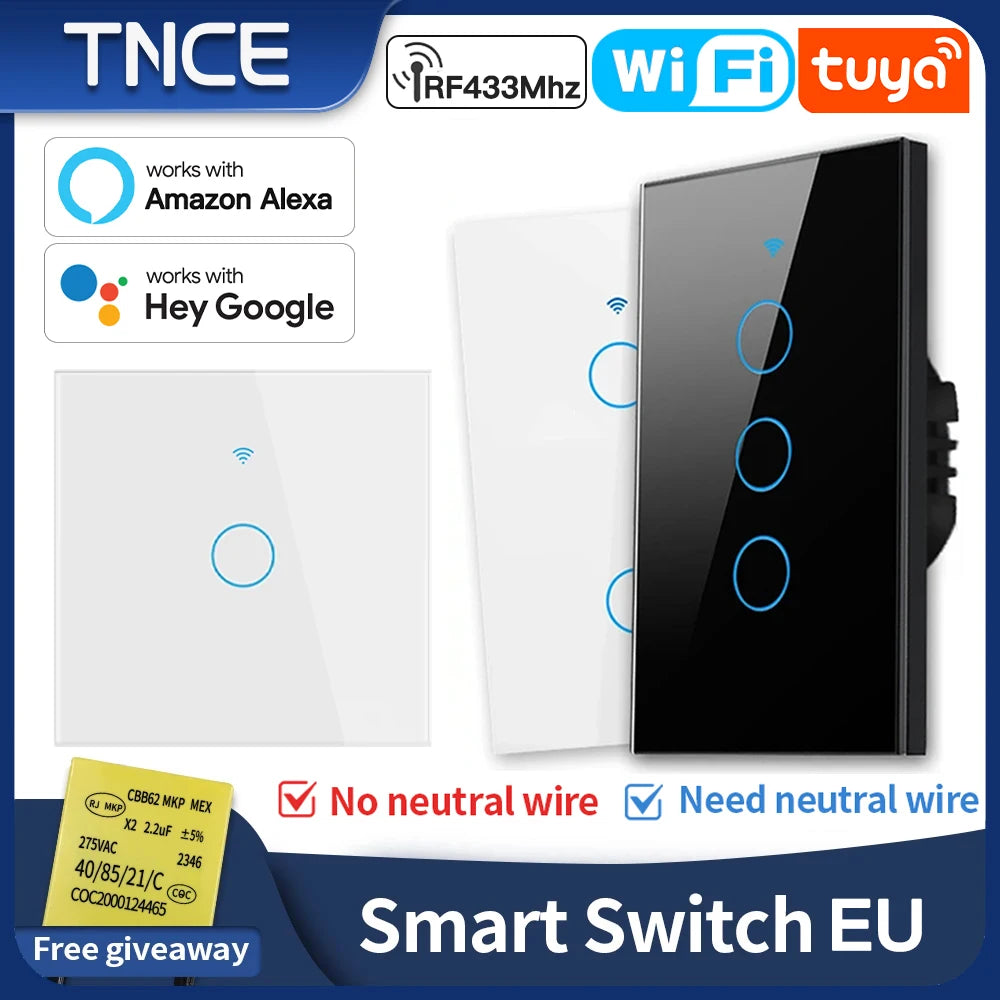 TNCE Tuya Switch WIFI RF US/EU, 1/2/3/4 Gang No/With Neutral Wire Wall LED Light Controller, Smart life, Voice Alexa Google Home