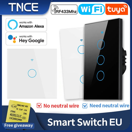 TNCE Tuya Switch WIFI RF US/EU, 1/2/3/4 Gang No/With Neutral Wire Wall LED Light Controller, Smart life, Voice Alexa Google Home