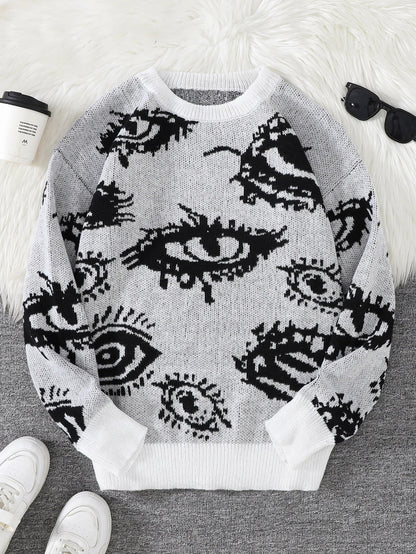 New Popular Autumn and Winter Abstract Eye Jacquard Pattern Pullover Sweater Casual Round Neck Knitted Men's Pullover