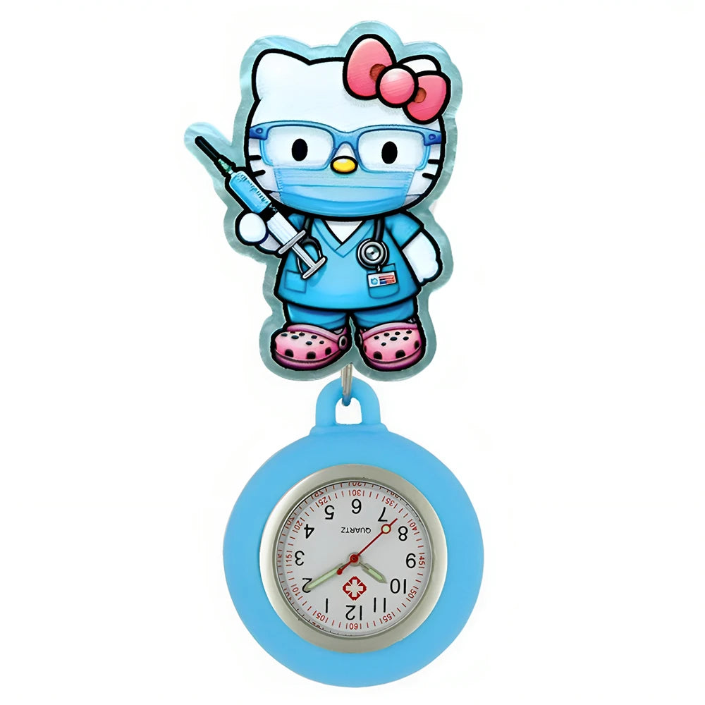 MINISO Lovely Cartoon Kitty Cat Hospital Nurse Doctor Medical Workers Office Badge Reel FOB Pocket Watches Hang Clock Gifts