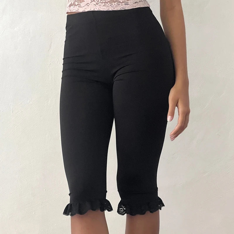 Sexy Y2k Knee Length Cropped Leggings Women Low Rise Elastic Waist Capri Pants 00s Summer Solid Crop Tights Bottoms Streetwear