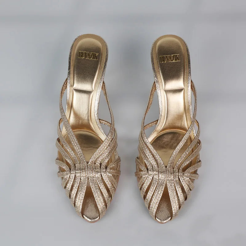 New Gold Hollow Thin Strip Heels for Women Luxury Pointed Toe Heeled Pumps Office Lady Mules Summer Stiletto Shoe Sandals 2025