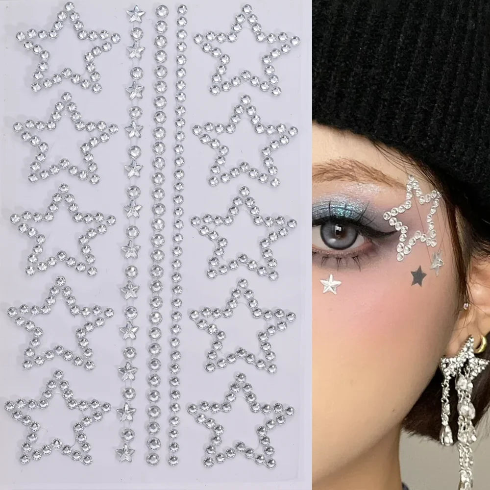 1Pcs 3D Hollow Star/Heart Face Gem Tattoos Stickers Self-Adhesive Crystal Jewelry Tattoo DIY Eye/Body Makeup Decor Rhinestones *