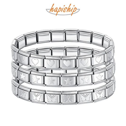 Hapiship 2024 Women's Jewelry 9mm Width Itanlian Elastic Star Heart Butterfly Charm Bracelet Fashion Stainless Steel Bangle ST-
