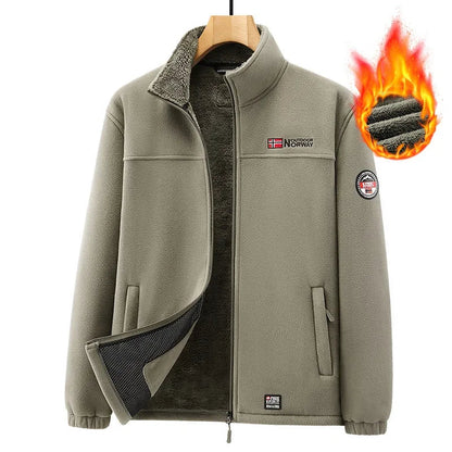 Men's Stand Collar Fleece Lined Jacket Autumn Winter Cold Proof Outerwear Sheep Fleece Lining Windproof Men's Outerwear