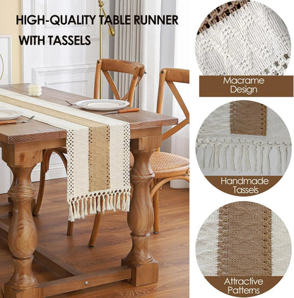 Boho Farmhouse Linen Table Runner with Tassels¨CRustic Macrame, Burlap & Cotton Blend for Summer Home Decor and Holiday Events