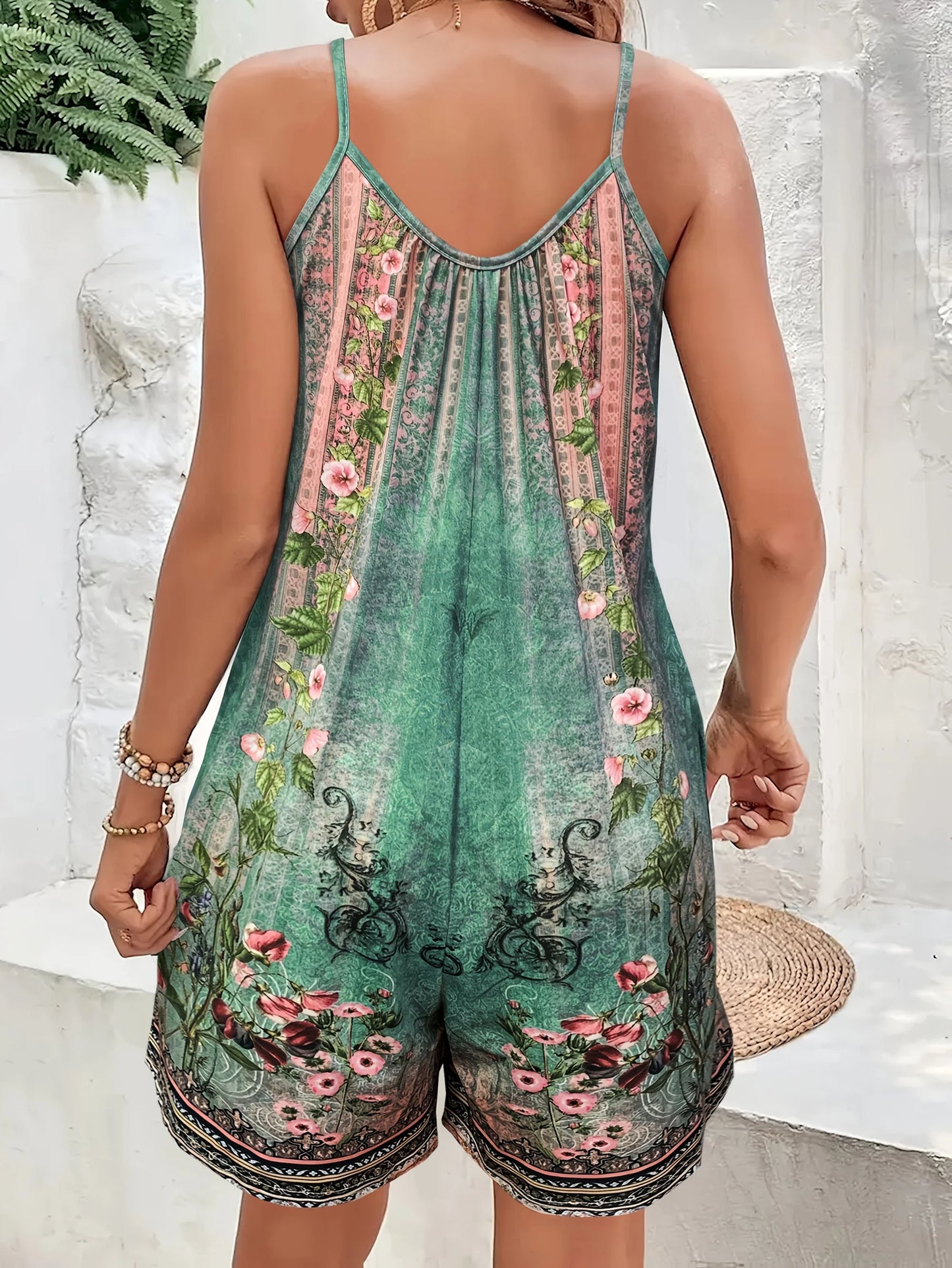 Women's Floral Print Sleeveless Romper Jumpsuit Vacation Style