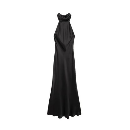 Women's Long Satin Halter Dress, Backless, Bow Tied, Back Zipper, Female Dresses, Sexy Fashion