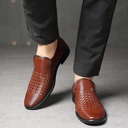 Men's Synthetic Leather Shoes  Soft Sole Breathable Low Heeled Business Casual Shoes Hollow Out Dress Sandals Middle Aged