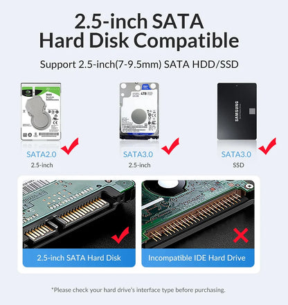 ORICO 2.5'' inch Hard Drive Enclosure USB C SATA III Classic SSD HDD External Case 6Gbps HD Storage Box Shockproof For PC Laptop