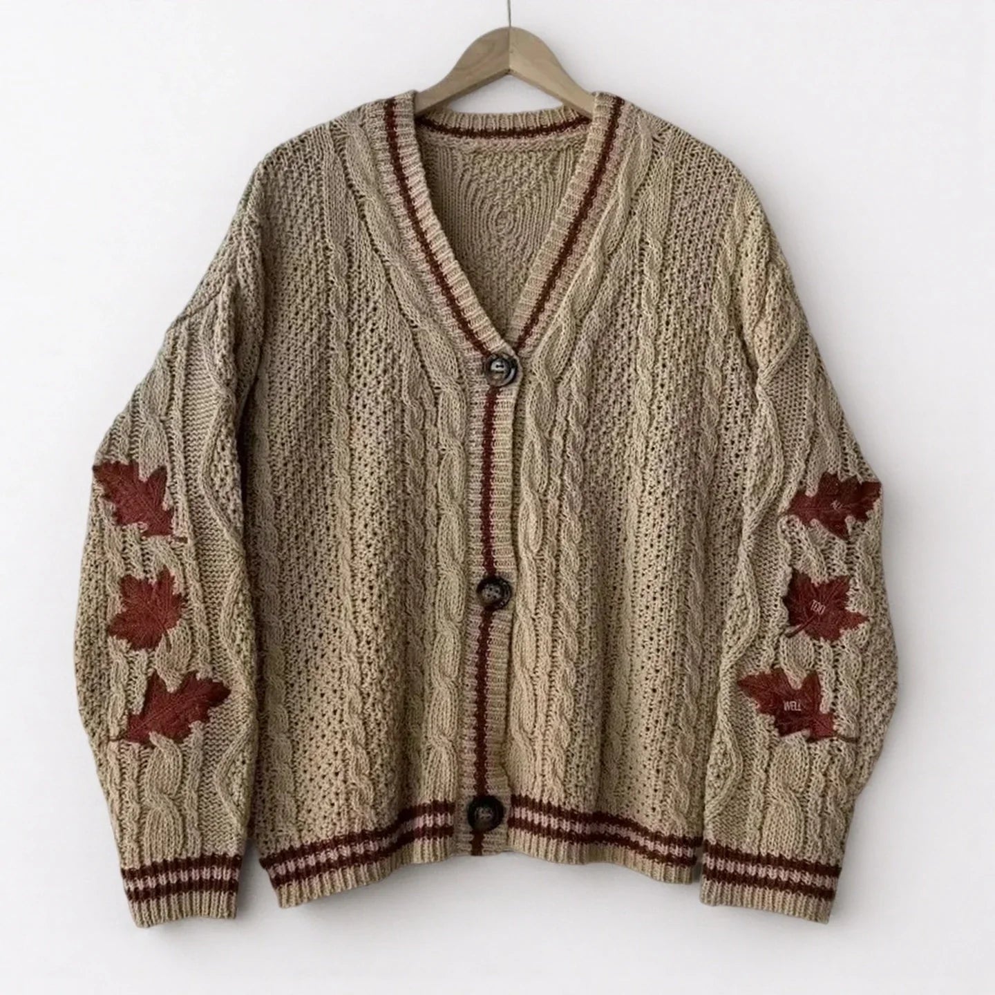 Autumn Red Maple Leaf Embroidered Leaves Knitted Cardigan Women Winter V-neck Single Breasted Show Y2k Style Cardigans Girls